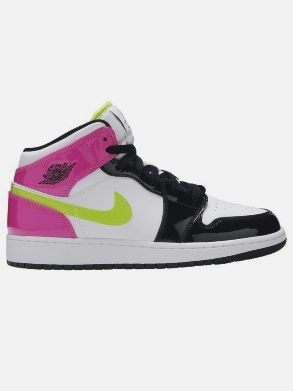 Nike Kids High-Top Sneakers in White, Black, Pink & Neon Green